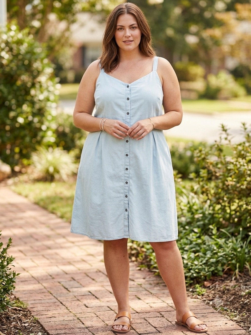 JUST BE… 100% Cotton Chambray Button down Sundress Adjustable Button Straps